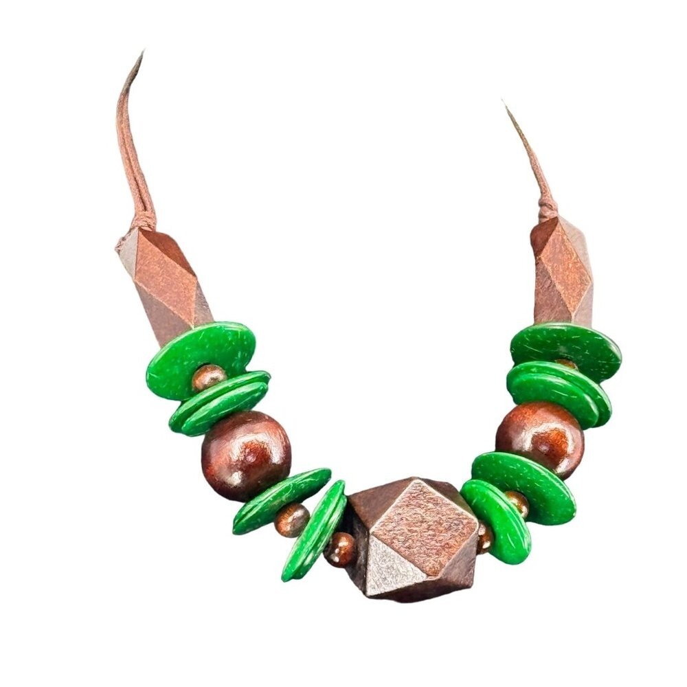 Womens Necklace‎ Wood Resin Beaded Geometric Shapes Bohemian Cottagecore Adjust